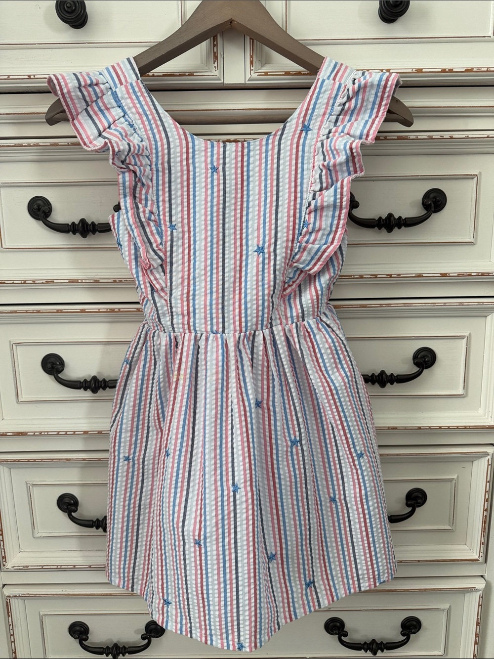CAT & JACK GIRLS SIZE 7/8 RED WHITE BLUE STAR RUFFLE SHOULDER BOW BACK DRESS